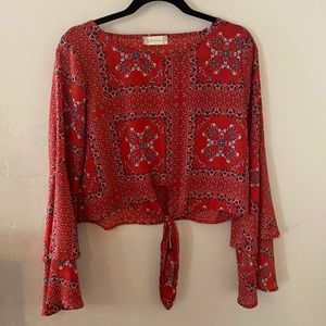Altar’d State Red Patterned Cropped Long- sleeve